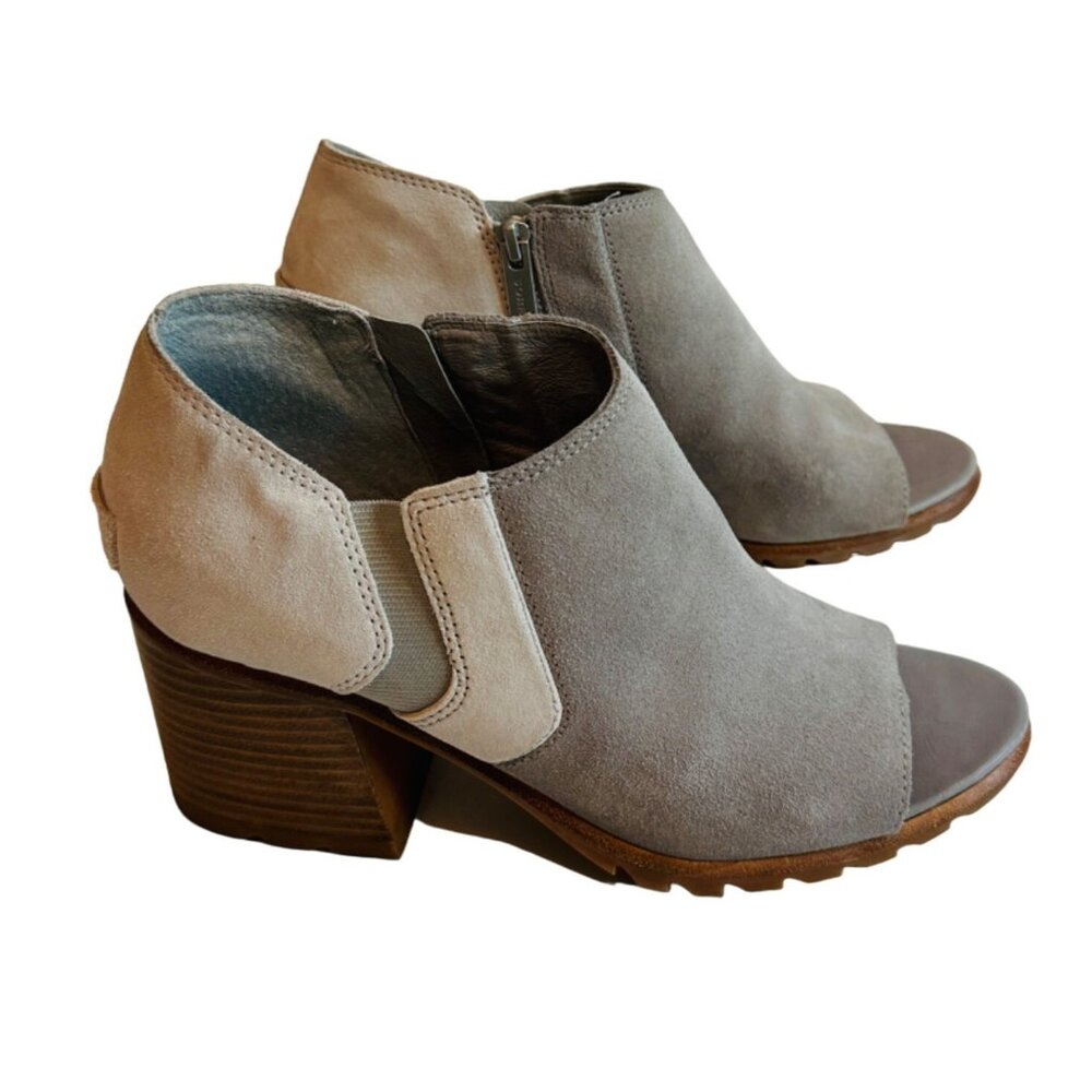 Sorel Nadia Peep Toe Ankle Bootie Gray and White Suede/Leather Womens Size 9.5